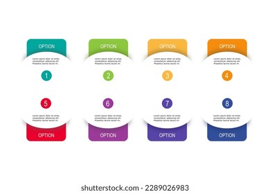Vector Infographic template for business plan, strategy, roadmap, workflow ,options. 8 Steps Modern difference color timeline diagram creative style, different color rectangle shapes