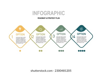 Plantilla de infografía vectorial para plan de negocio, estrategia, hoja de ruta, flujo de trabajo ,opciones. 4 pasos Diagrama de línea de tiempo mínimo moderno estilo creativo, formas de rectángulo de color diferentes
