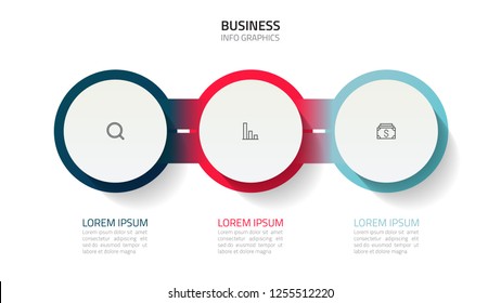 Vector infographic template for business process step. Timeline with 3 options, marketing icons, chart, plan, report, presentation.