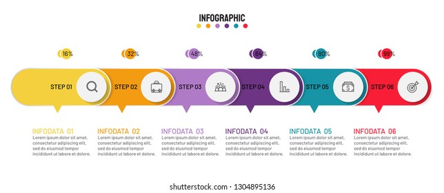 Vector infographic template for business process diagram, graph, presentation, chart. Timeline with 6 options, step, marketing icons. 