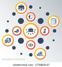 Plantilla de Infografía Vectora Visualización de datos de la Estrategia de negocio. Diferentes colores. Se puede utilizar para el diagrama de procesos, presentaciones, flujo de trabajo, banner con iconos de la ESTRATEGIA EMPRESARIAL