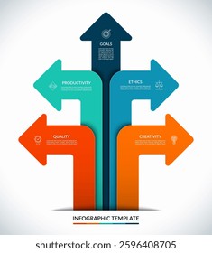 Vector infographic template. Business strategy concept with various directional arrows, icons, and text boxes. Suitable for business presentations, reports, marketing materials, and strategy planning.