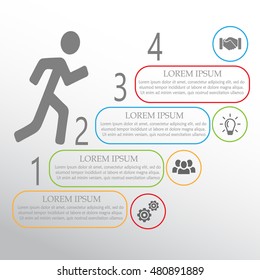 Vector infographic template. Business success concept banner. Businessman going up the stairs with icons.