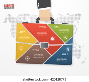 Vector infographic template with businessman holding bag, briefcase. Concept with 5 processes, options, parts, steps for graphs, charts, diagrams, presentation, website layout.