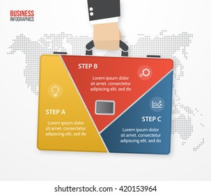 Vector infographic template with businessman holding bag, briefcase. Concept with 3 processes, options, parts, steps for graphs, charts, diagrams, presentation, website layout.