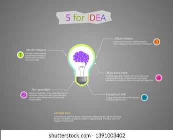 Vector Infographic Template Chart of Light bulb and Brain in Abstract Style Idea Concept with Sample Texts, Vector Illustration.