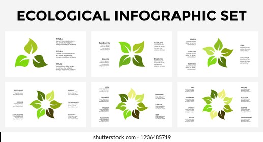Vector infographic template. Circle diagrams with leaves. Presentation slide template. Environmental care concept with 3, 4, 5, 6, 7, 8 options, parts, steps, processes.