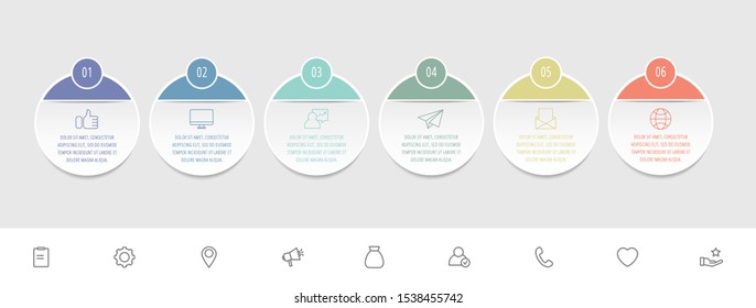 Vector infographic template circles for six paper label, diagram, graph, presentation. Business concept with 6 options. Blank space for content, step for step, timeline, workflow, marketing, web