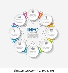 Vector infographic template for circular diagram, graph, presentation, chart, business concept with 8 options.