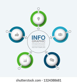 Vector infographic template for circular diagram, graph, presentation, chart, business concept with 5 options.