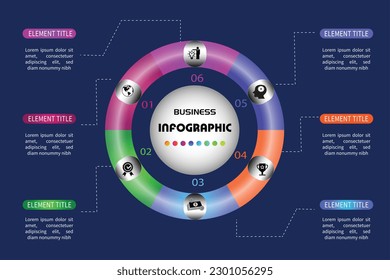Vector infographic template for circular diagram, graph, presentation, chart, business concept with 6 options.