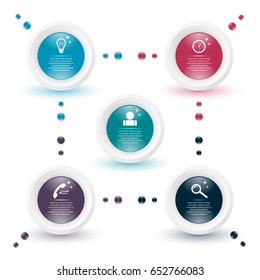 Vector infographic template. Concept with circular elements, with business icons and with colorful shadows. Illustration on the white background.