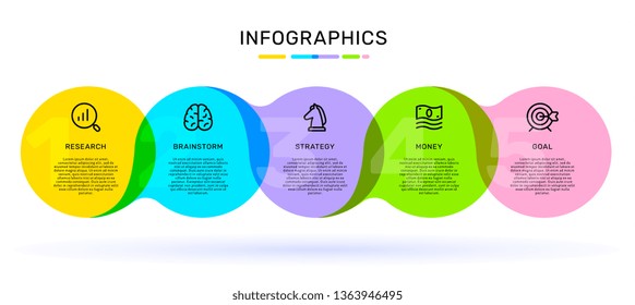 Vector infographic template with connected bright color label, options and steps with business icons, words, text on white background. Line art style design for web, site, banner, presentation, report