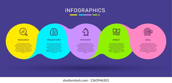 Vector infographic template with connected bright color label, options and steps with on blue background with business icons, words, text and shadow. Line art style design for web, site, banner