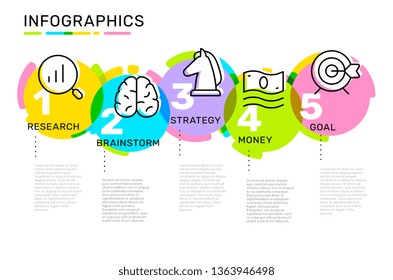Vector infographic template with connected color label and business icons, options and steps on white background with text. Line art style design for web, site, banner, presentation, report