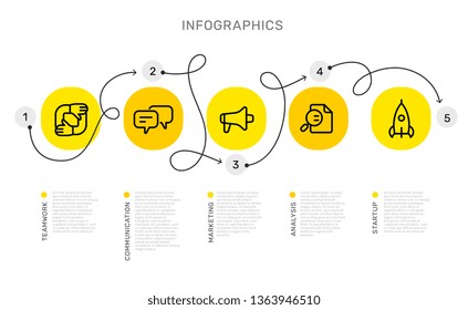 Vector infographic template with curl path with number options and steps, business yellow circle icons, words, text on white background. Line art style design for web, site, banner, presentation