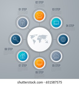 Vector for infographic. Template for cycle diagram, graph, presentation and round chart. Business concept with 8 options, parts, steps or processes. Data visualization.