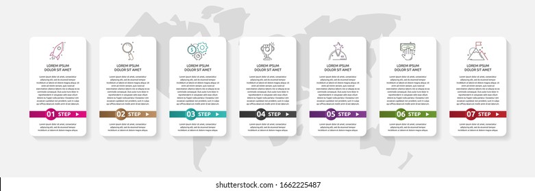 Vector infographic template. Data visualization with icons and arrows for 7 steps. Can be used for diagram, flowchart, banner, business report, flow chart or info graph