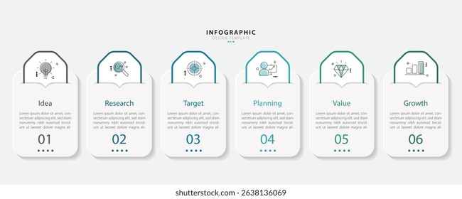 Vector infographic template design. 6 Step timeline journey, Flat simple infographics design template. presentation graph. Business concept with numbers 6 options or steps vector illustration.