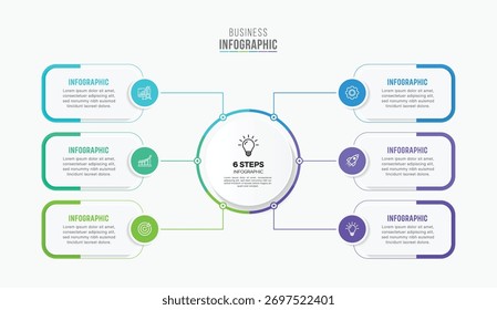 Vector infographic template design with circle infographics visual design and 6 options or steps. Can be used for process diagram, presentations, workflow layout, banner, flow chart, info graph.