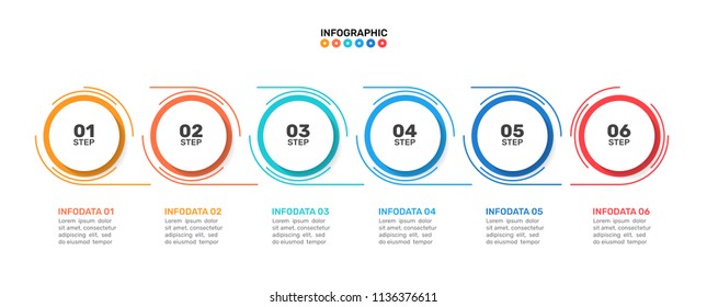 Diseño de plantillas de infografía vectorial con elementos de círculos y 6 opciones o pasos de números. Se puede utilizar para el diagrama de flujo de trabajo, el informe o la presentación.