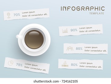 Vector infographic template design with a coffee cup and icons in torn papers that for business concept idea, strategy plan, work flow layout, step up options.