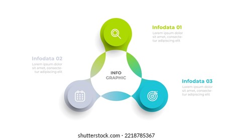 Infografía vectorial. Diseño de plantilla con diagrama de ciclo 3 paso, opciones o partes. Visualización de datos empresariales para presentación.