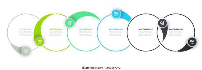 Vector Infographic template design label with circle and marketing icon. Timeline with 6 step, option. Can be used for workflow diagram, info chart, graph or annual report.