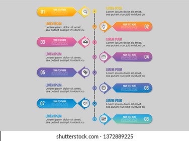 Vektorillustration Infografik Template Design mit Optionen und Schritten. Visualisierung von Geschäftsdaten Die Zeitachse mit den Marketing-Symbolen, die am nützlichsten sind, kann für Präsentationen, Diagramme, Jahresberichte, Workflow-Layout verwendet werden