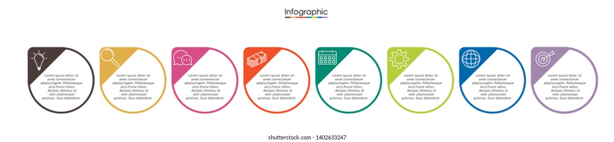 Vector infographic template with eight steps or options. Illustration presentation with line elements icons.  Business concept design can be used for web, brochure, diagram, chart or banner layout.