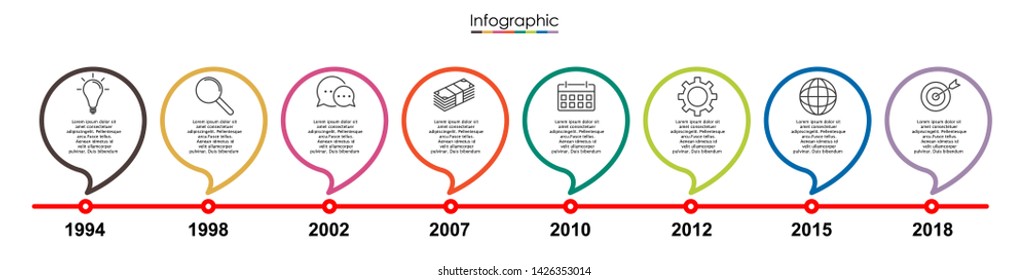 Vector infographic template with eight steps or options. Illustration presentation with thin line elements icons.  Business concept graphic design can be used for web, paper brochure, diagram