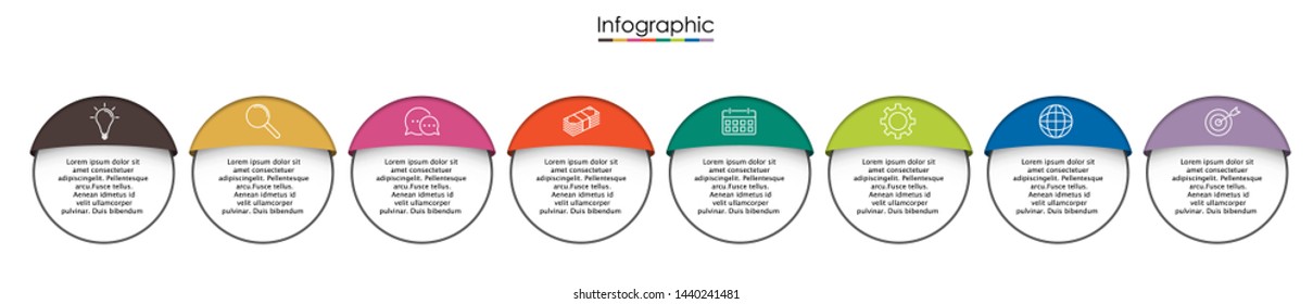 Vector infographic template with eight steps or options. Illustration presentation with thin line elements icons.  Business concept graphic design can be used for web, paper brochure, diagram