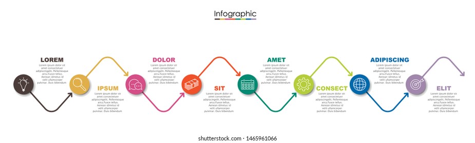 Vector infographic template with eight steps or options. Illustration presentation with line elements icons.  Business concept design can be used for web, brochure, diagram
