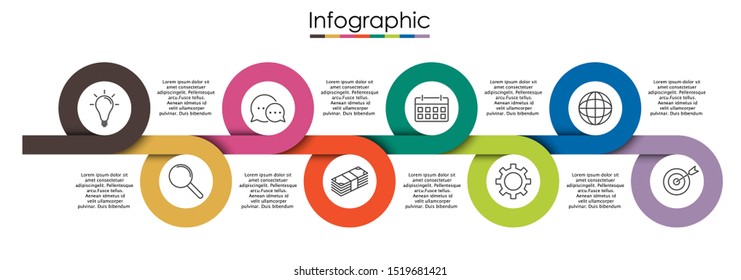 Vector infographic template with eight steps or options. Illustration presentation with line elements icons.  Business concept design can be used for web, brochure, diagram