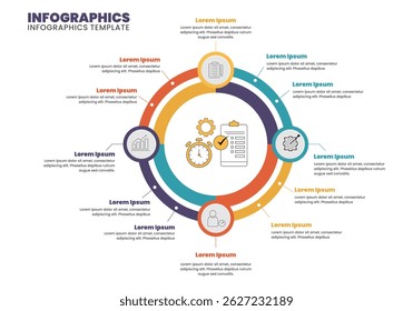 Modelo de infográfico vetorial com um layout circular moderno com anéis coloridos segmentados e ícones com temas de negócios, como gráfico de barras, área de transferência, cronômetro, engrenagem, documento e avatar do usuário.
