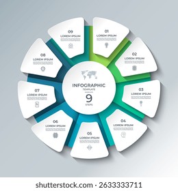 Vector infographic template featuring a modern, 3D-style circular layout divided into 9 steps. Ideal for presenting business processes, timelines, workflows, marketing steps, or educational content.