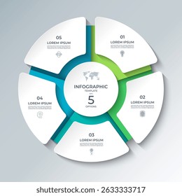 Vector infographic template featuring a modern, 3D-style circular layout divided into 5 steps. Ideal for presenting business processes, timelines, workflows, marketing steps, or educational content.