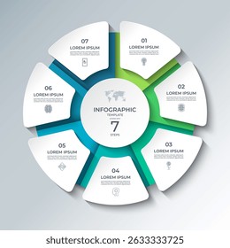 Vector infographic template featuring a modern, 3D-style circular layout divided into 7 steps. Ideal for presenting business processes, timelines, workflows, marketing steps, or educational content.