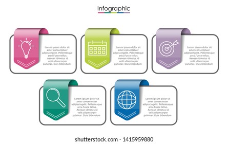 Vector infographic template with five steps or options. Illustration presentation with line elements icons.  Business concept design can be used for web, brochure, diagram, chart or banner layout.