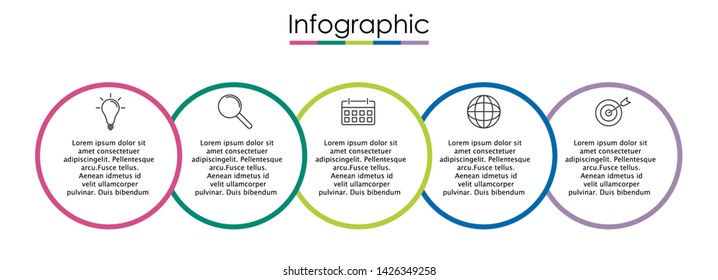 Vector infographic template with five steps or options. Illustration presentation with thin line elements icons.  Business concept graphic design can be used for web, paper brochure, diagram