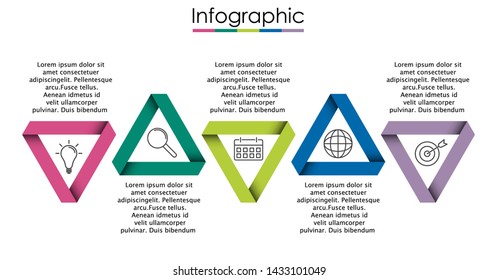 Vector infographic template with five steps or options. Illustration presentation with thin line elements icons.  Business concept graphic design can be used for web, paper brochure, diagram