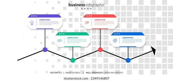 Vector infographic template with four steps or options. Illustration presentation with line elements icons.  Business concept design can be used for web, brochure, diagram
