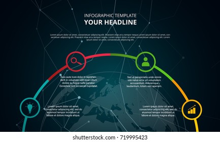 Vector infographic template with four steps on timeline and world with technology connection lines and dots on the world map in the background