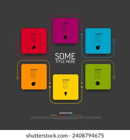 Vector Infographic template with fresh color rounded square cards and icons and descriptions. Simple dark minimalistic multipurpose infographic template with six items