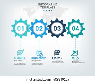 Vector infographic template with gears, icons and 4 options withing cogs and a world map background