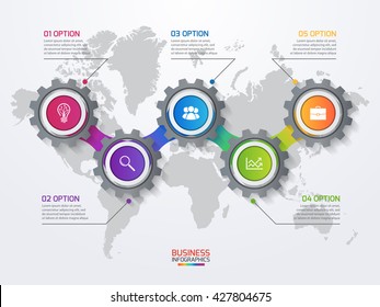Vector infographic template with gears and world map. Business and industry concept with 5 options, parts, steps, processes.
