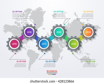 Vector infographic template with gears and world map. Business and industry concept with 6 options, parts, steps, processes.