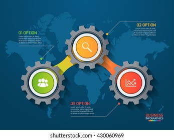 Vector infographic template with gears and world map. Business and industry concept with 3 options, parts, steps, processes.