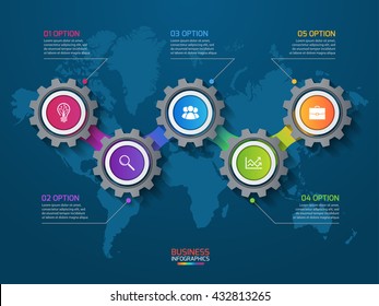 Vector infographic template with gears and world map. Business and industry concept with 5 options, parts, steps, processes.