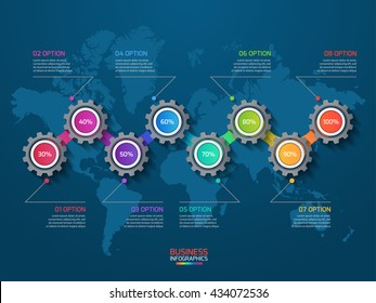 Vector infographic template with gears and world map. Business and industry concept with 8 options, parts, steps, processes.